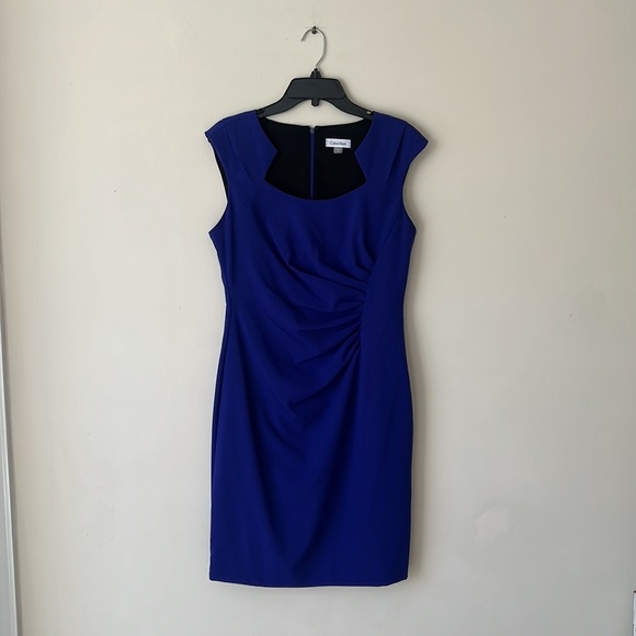 Calvin Klein Womens shift sheath dress zip up back knee length ruched blue nwot - Picture 3 of 10